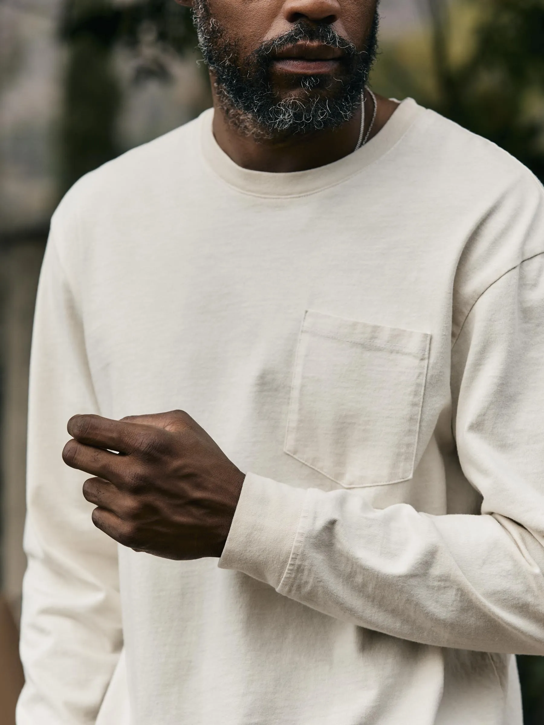 long sleeve pocket tee in vintage white sold by Imogene + Willie