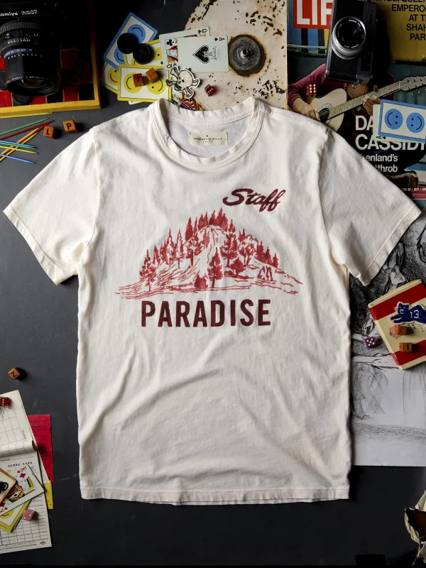 the "paradise" staff tee sold by Imogene + Willie