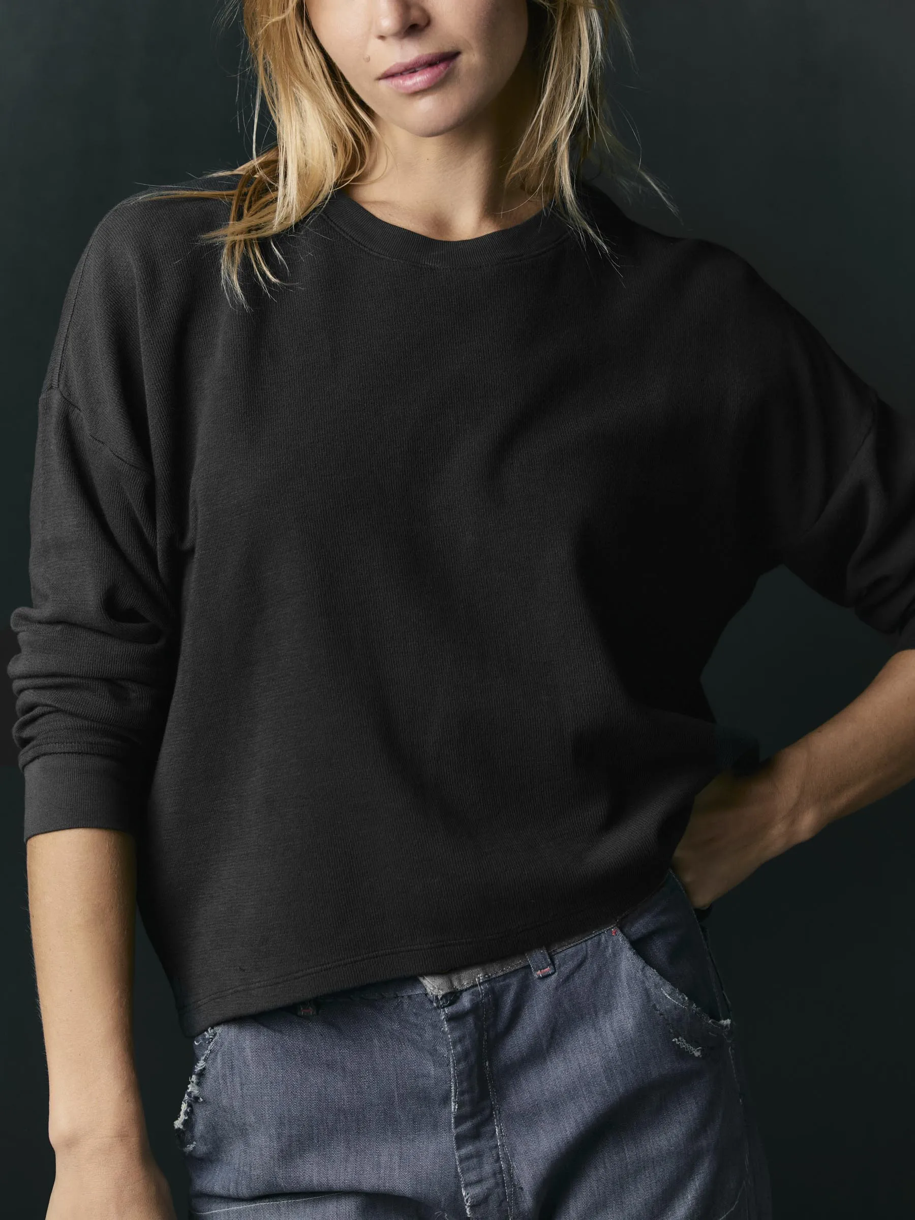 long sleeve midweight crew in faded black sold by Imogene + Willie