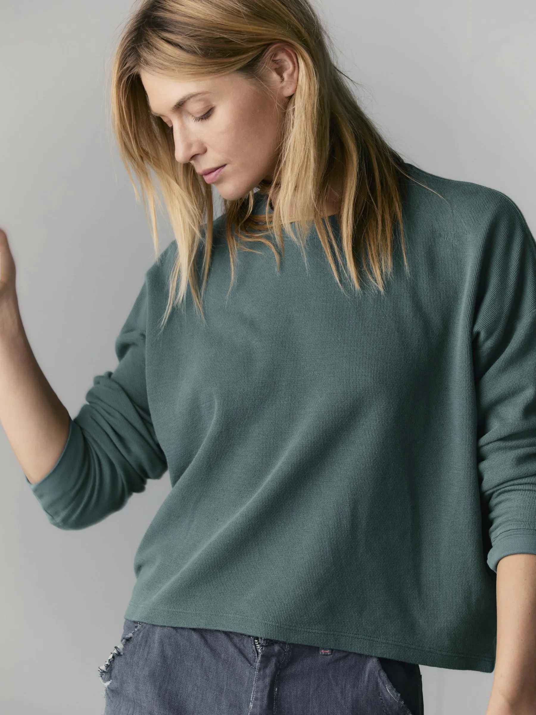 long sleeve midweight crew in spruce sold by Imogene + Willie