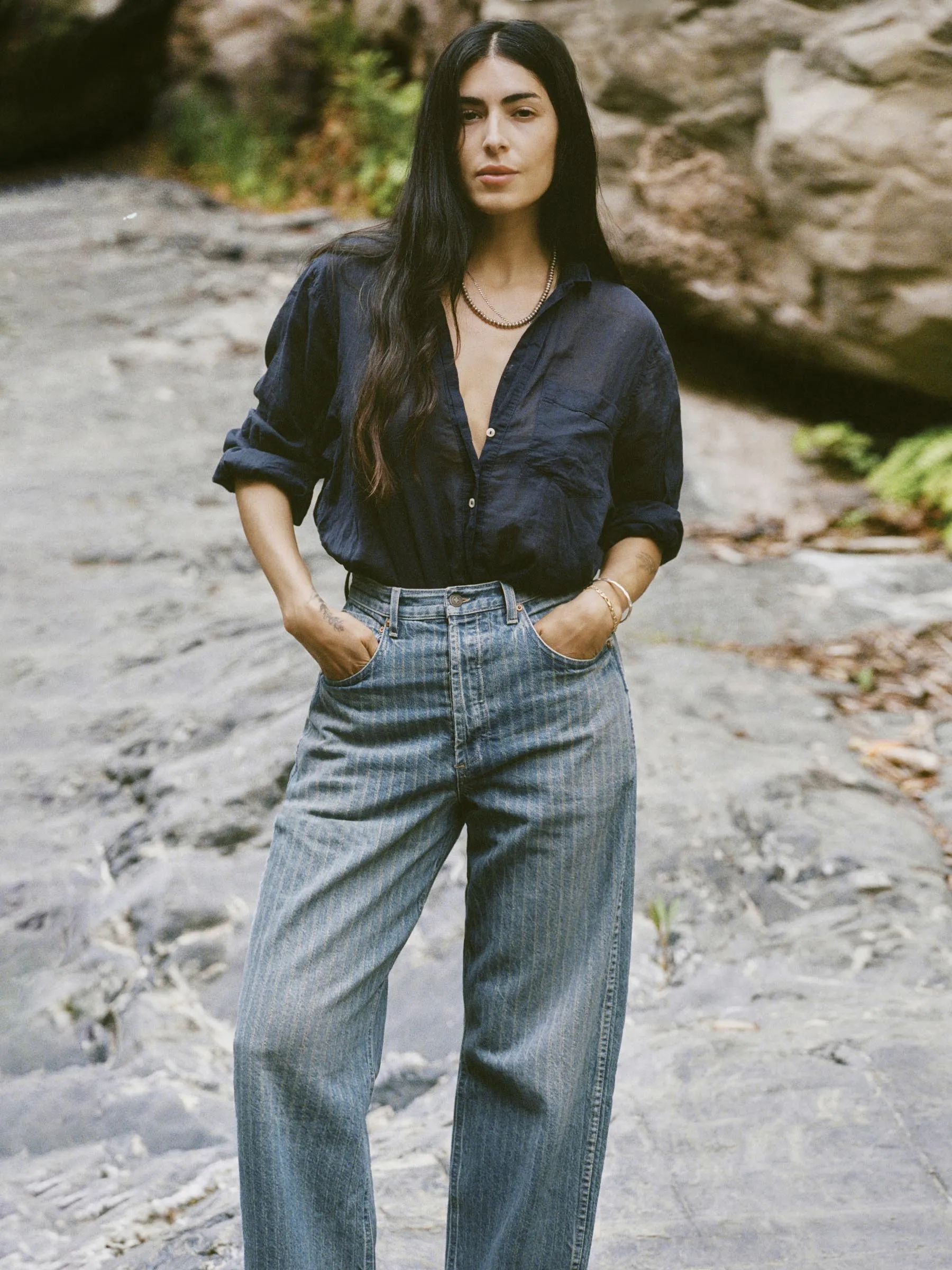buckleback jean in washed indigo stripe sold by Imogene + Willie