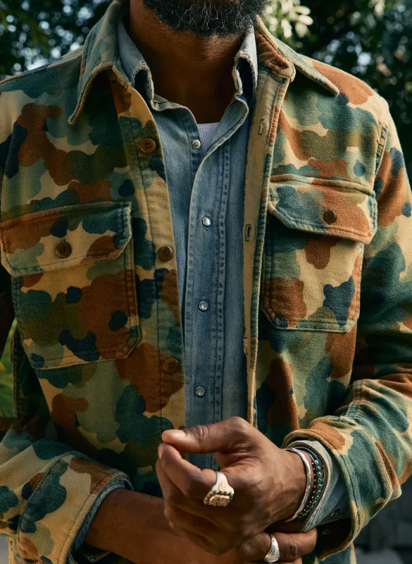 the griffin workshirt in painted camo sold by Imogene + Willie