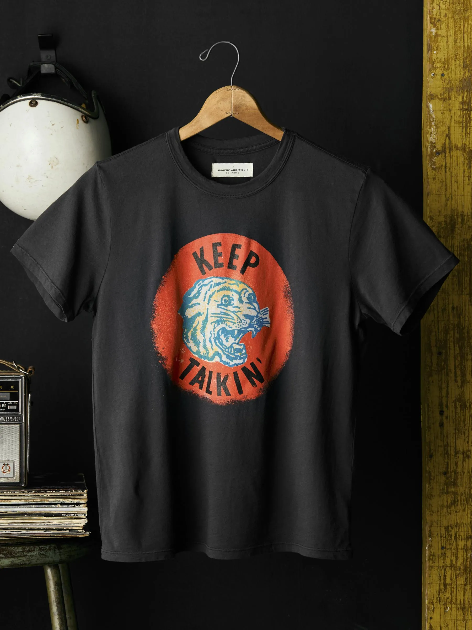 the “keep talkin” tee sold by Imogene + Willie