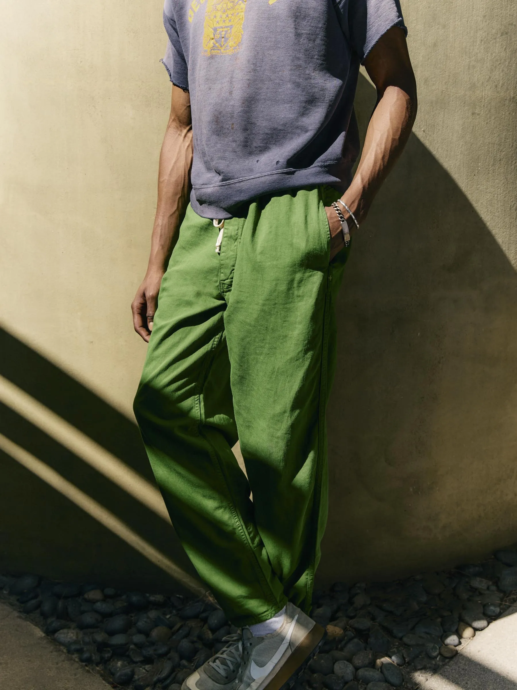 the lounge pant in fern green sold by Imogene + Willie