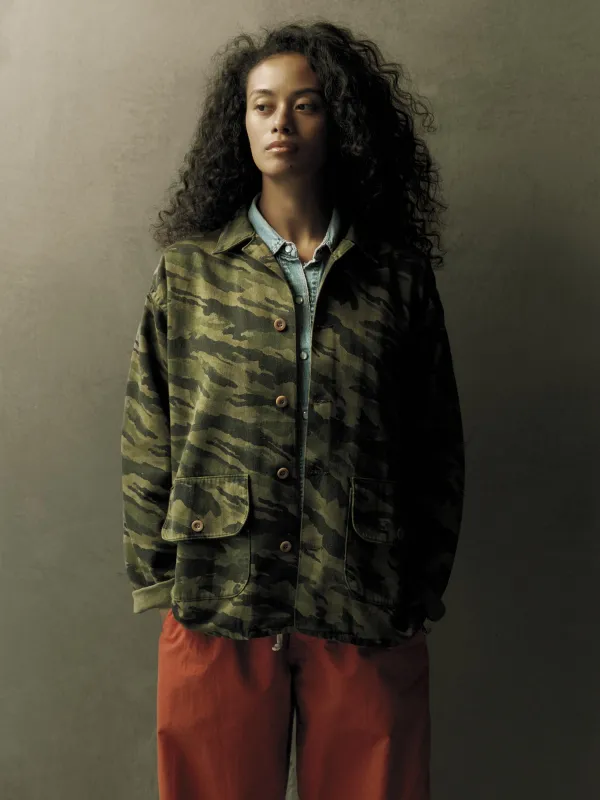 fatigue jacket in brushstroke camo sold by Imogene + Willie