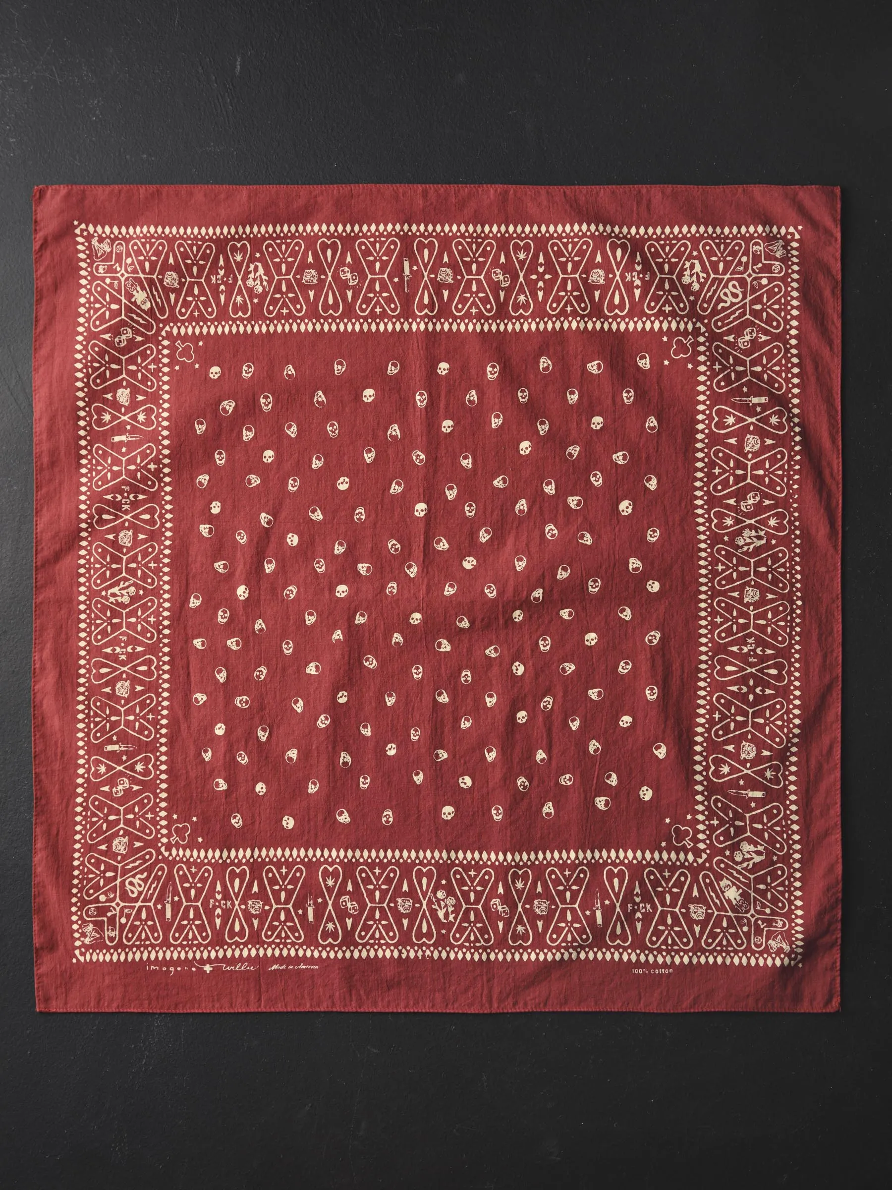 the "muerte" bandana in red sold by Imogene + Willie