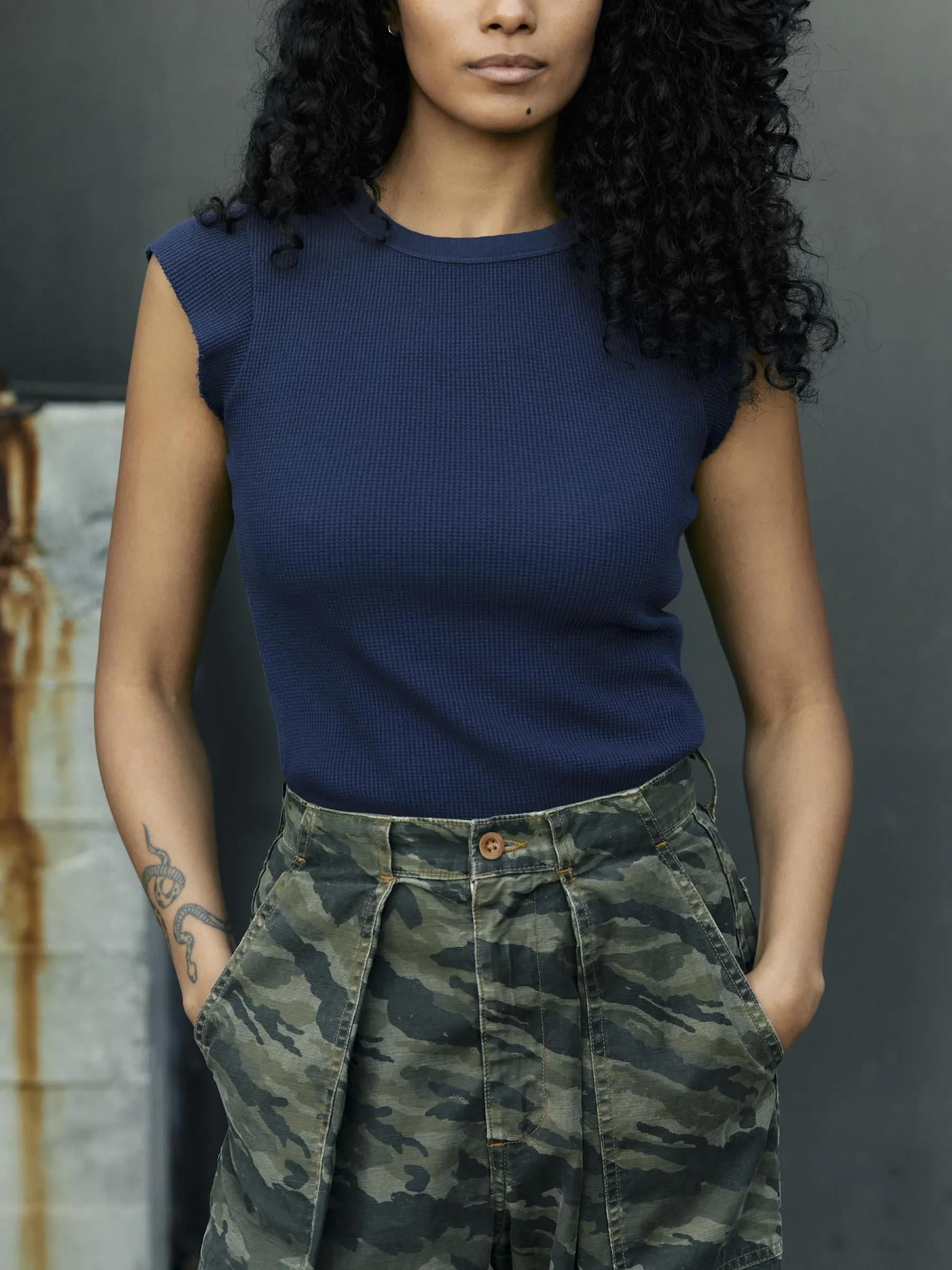 cut sleeve thermal in navy sold by Imogene + Willie