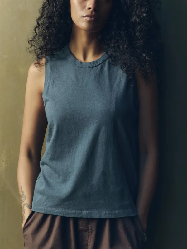 muscle tank in slate blue made by Imogene + Willie