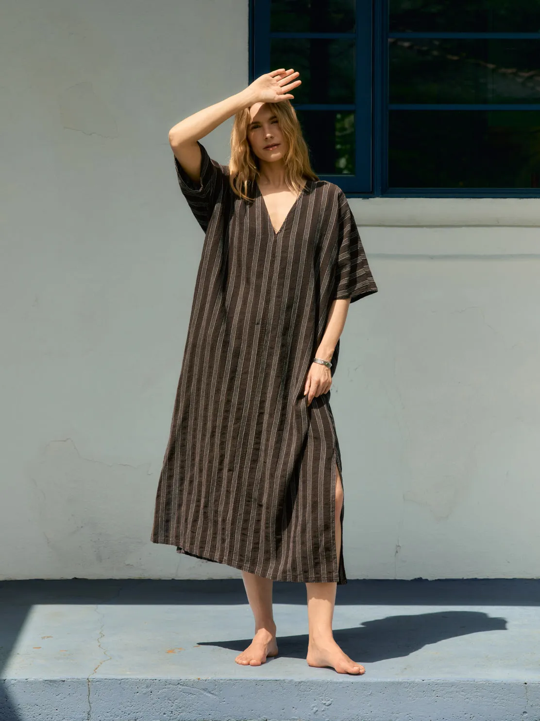brown stripe caftan sold by Imogene + Willie