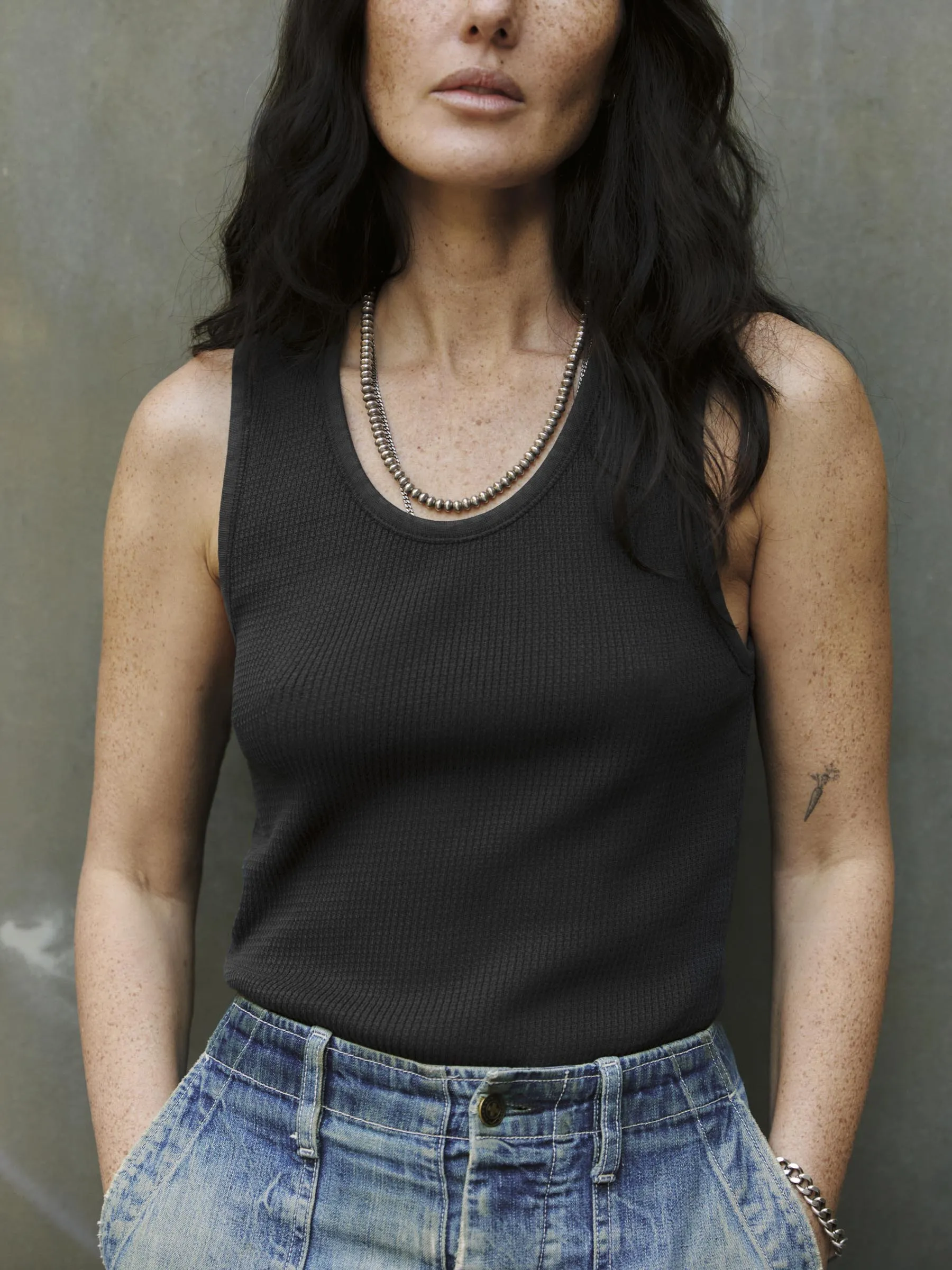 the vintage tank in open knit black sold by Imogene + Willie