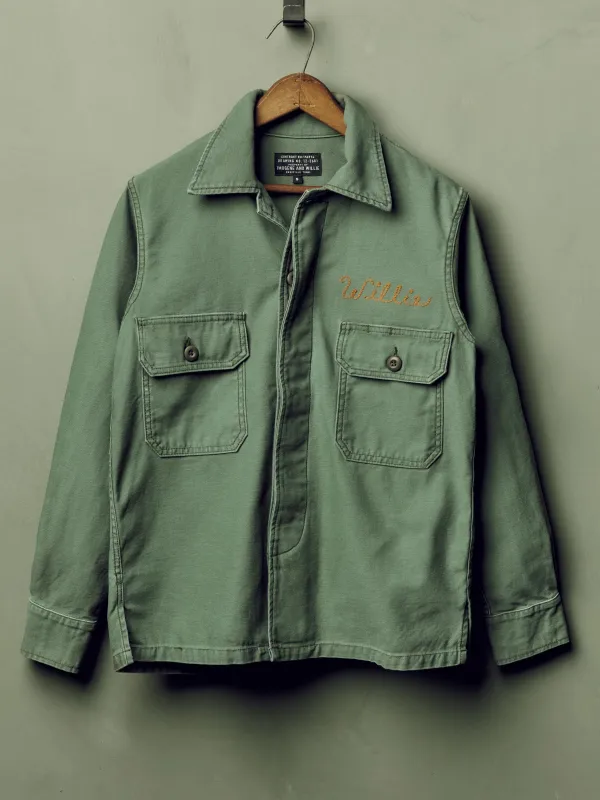 military shirt jacket in fatigue green made by Imogene + Willie