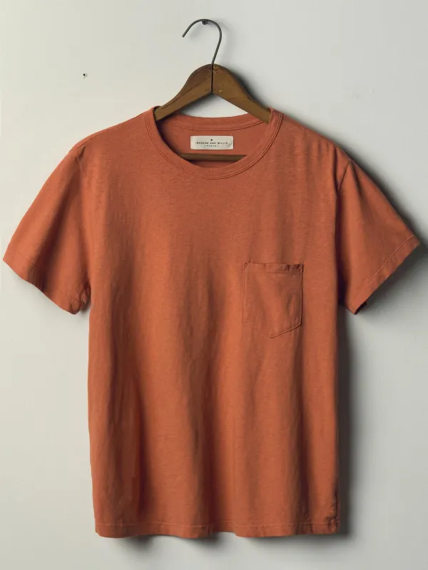 faded orange knit pocket tee made by Imogene + Willie