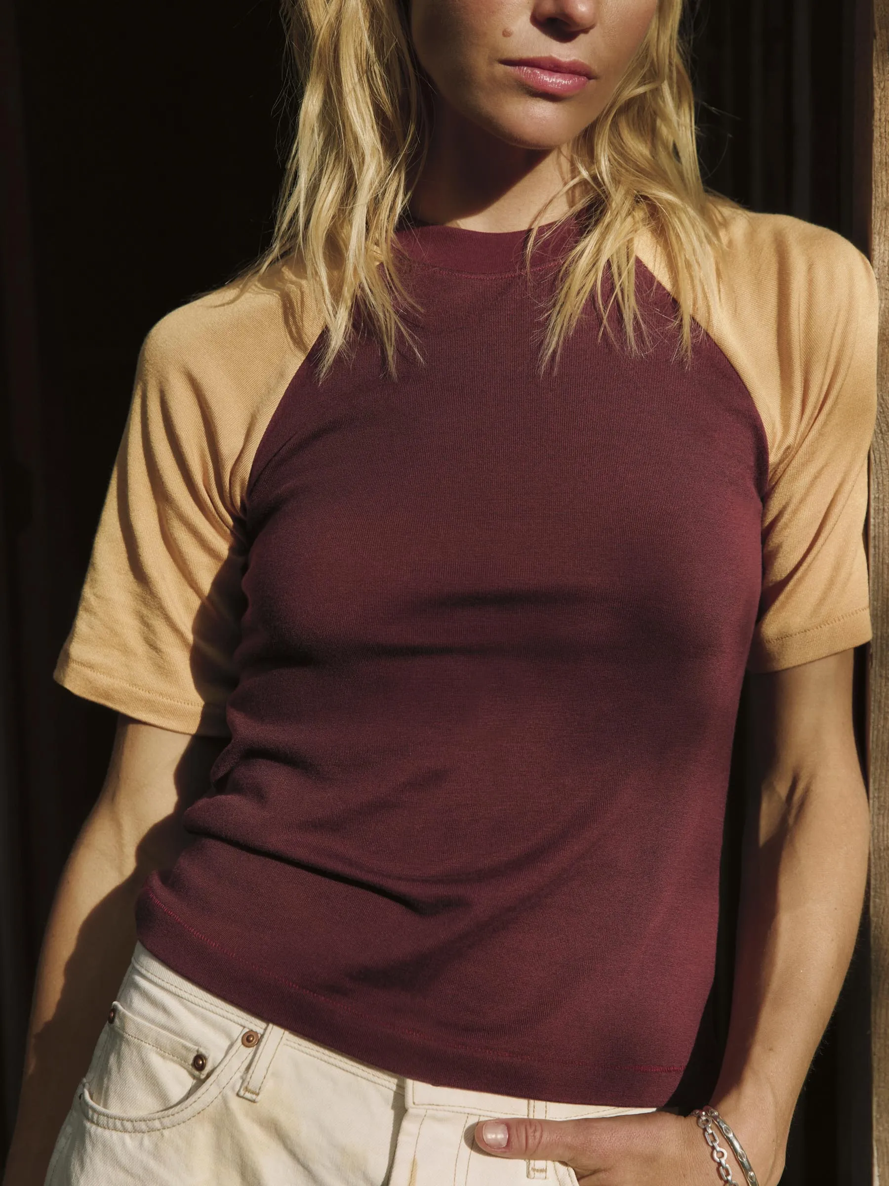 knit raglan crew in maroon sold by Imogene + Willie