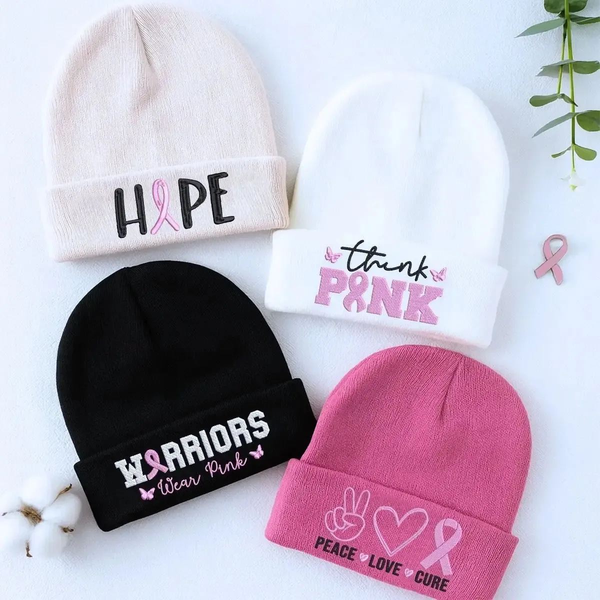 Custom Embroidered Breast Cancer Awareness Beanie, Embroidery Knit Cuffed Cap for Women Breast Cancer Gifts sold by Embroly