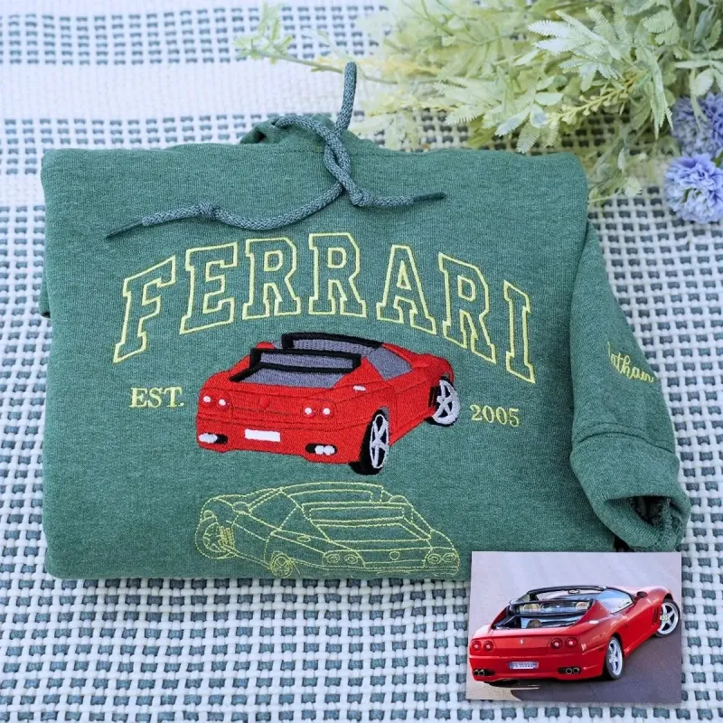 Custom Embroidered Car Portrait from Photo Sweatshirt or Hoodie, Car Name on Chest, Car Lover Gift made by Embroly