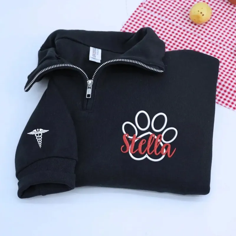 Custom Veterinarian Embroidered Quarter Zip Sweatshirt with Paw and Name on Chest, Veterinarian Graduation Gifts sold by Embroly