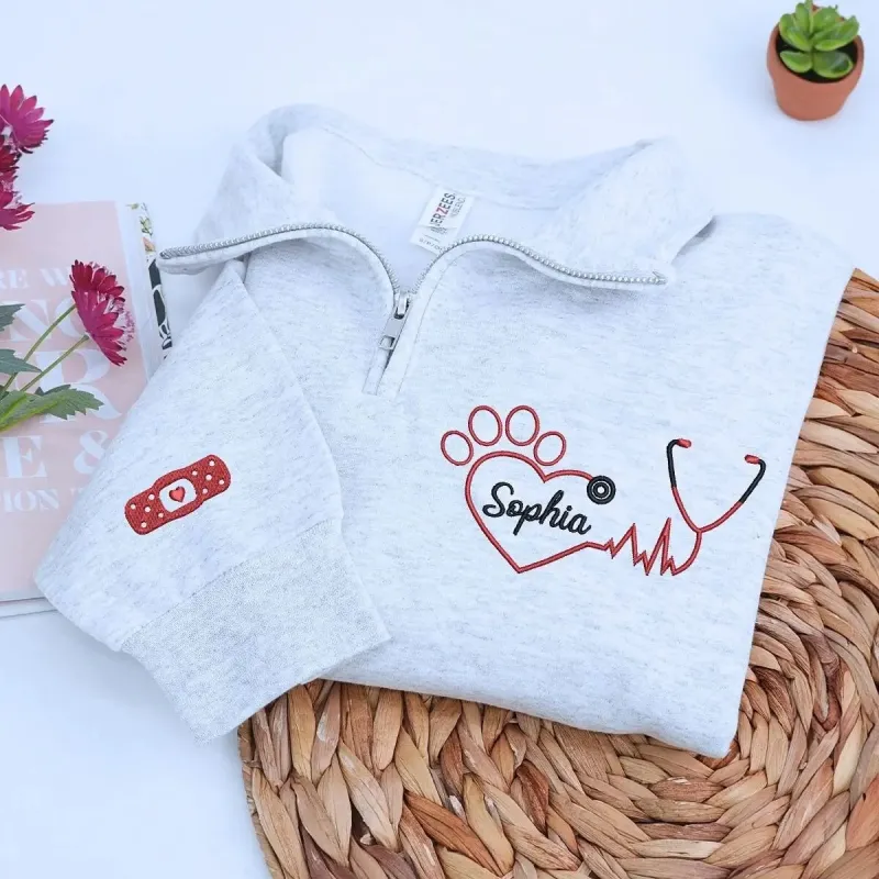 Personalized Embroidered Veterinary Nurse Quarter Zip Sweatshirt, Veterinarian Gift sold by Embroly