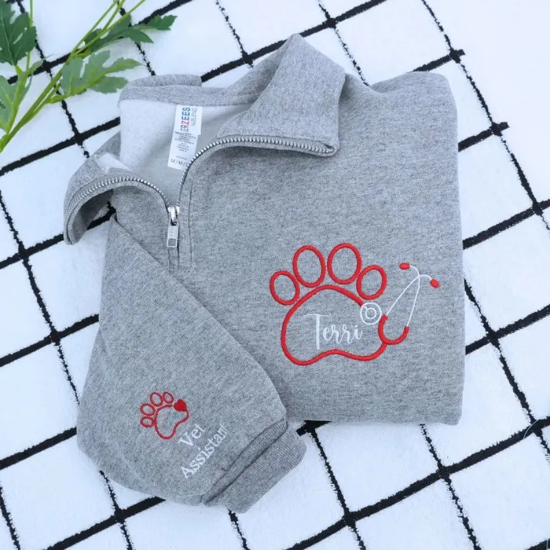 Custom Embroidered Vet Tech Quarter Zip Sweatshirt, Gift for Veterinarian sold by Embroly