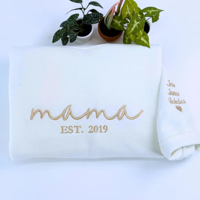 Custom Mama EST Sweatshirt with Names on Sleeve, Embroidered Mother's Day Gifts sold by Embroly