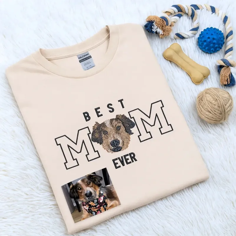 Custom Best Dog Mom Ever Shirt with Embroidered Dog Portrairt from Photo, Personalized Dog Mom Gifts sold by Embroly