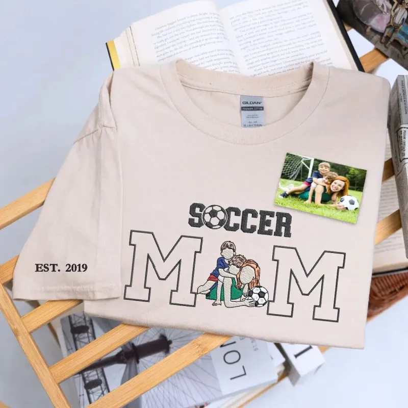 Custom Soccer Mom Shirt with Embroidered Photo from Portrait, Best Gifts for Soccer Moms sold by Embroly