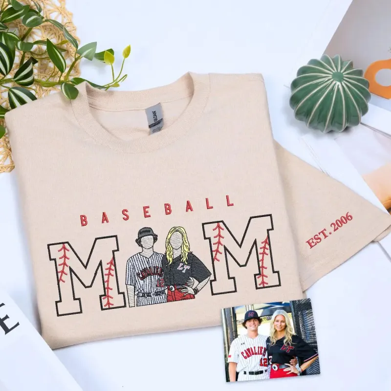 Personalized Baseball Mom Shirts with Embroidered Portrait from Photo, Baseball Mom Mothers Day Gifts sold by Embroly