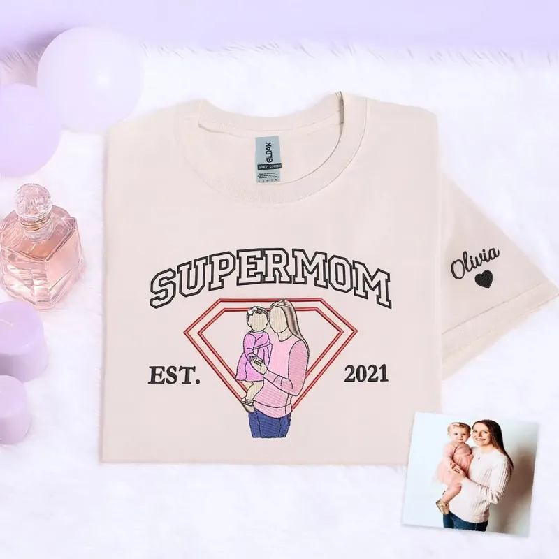 Personalized Super Mom Shirt with Embroidered Portrait from Photo, Mother's Day Gifts for Wife sold by Embroly