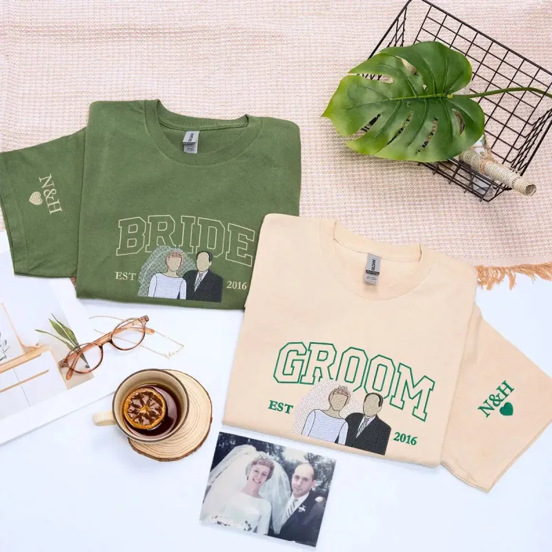 Personalized Bride and Groom Shirts with Embroidered Portrait from Photo, Wedding Gifts for Couples sold by Embroly