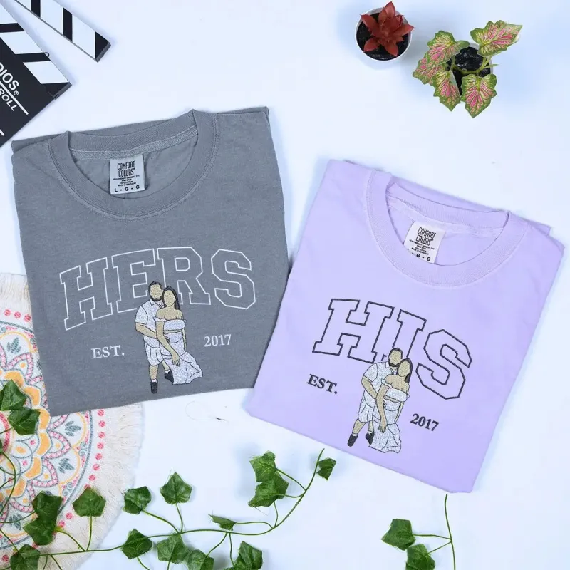 Personalized His and Her Shirts with Embroidered Portrait from Photo, Gifts for Him and Her sold by Embroly