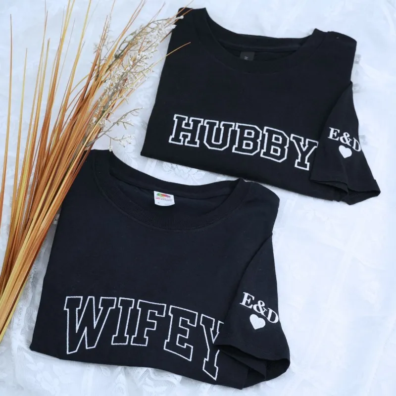 Custom Wifey and Hubby Shirt with EST Year, Embroidered Gift Newly Weds sold by Embroly