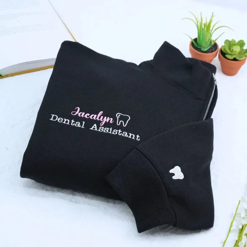 Personalized Dental Assistant Embroidered Quarter Zip Sweatshirt, Dental Hygienist Gift sold by Embroly