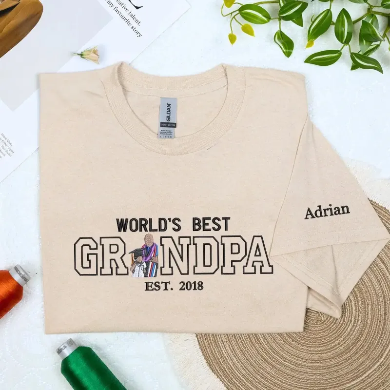 Custom Worlds Best Grandpa Shirt with Embroirdered Portrait from Photo, Personalized Grandpa Gifts sold by Embroly
