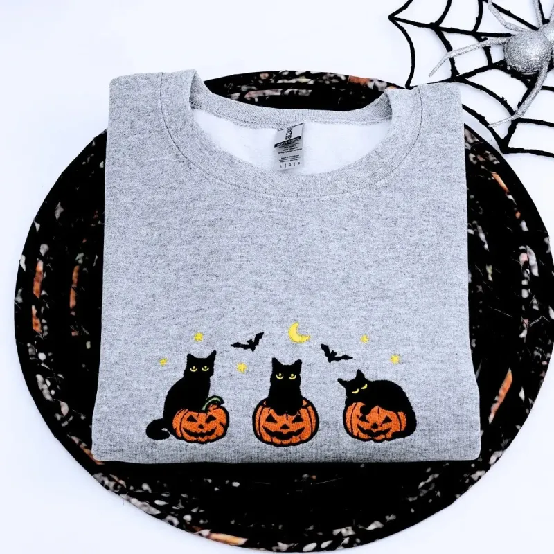 Black Cat Halloween Sweatshirt, Embroidered Halloween Gifts for Her sold by Embroly
