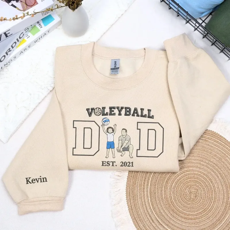 Volleyball Dad Sweatshirt with Embroidered Portrait Photo and Kid Name on Sleeve, Gift for Fathers Day Volleyball Dad sold by Embroly