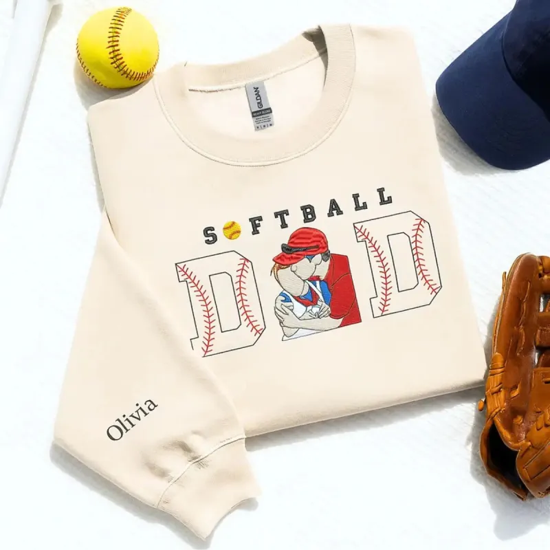 Softball Dad Sweatshirt with Portrait Photo and Kid Name on Sleeve, Embroidered Gift for Fathers Day Softball made by Embroly