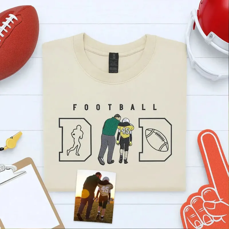 Football Dad Shirts with Portrait Photo and Kid Name on Sleeve, Embroidered Gift for Football Dad, Game Day Shirt sold by Embroly