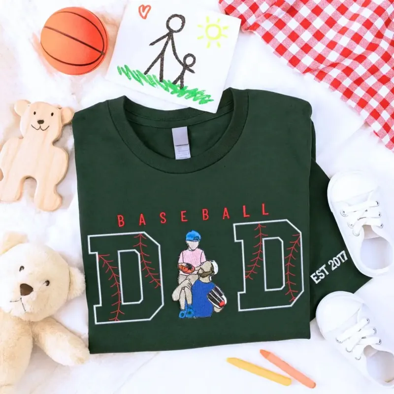 Custom Baseball Dad Shirts with Portrait and Name on Sleeve, Embroidered Gift for Baseball Dad sold by Embroly