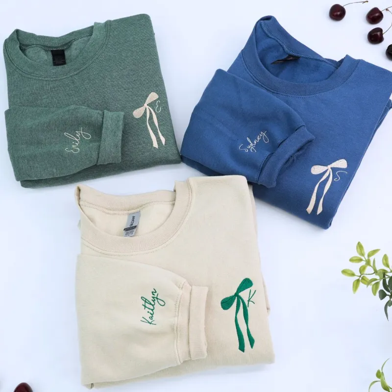 Custom Initial Coquette Bow Ribbon Bridal Party T-Shirt, Sweatshirt or Hoodie, Bridesmaid Proposal, Embroidered Bachelorette Gifts for Bride sold by Embroly