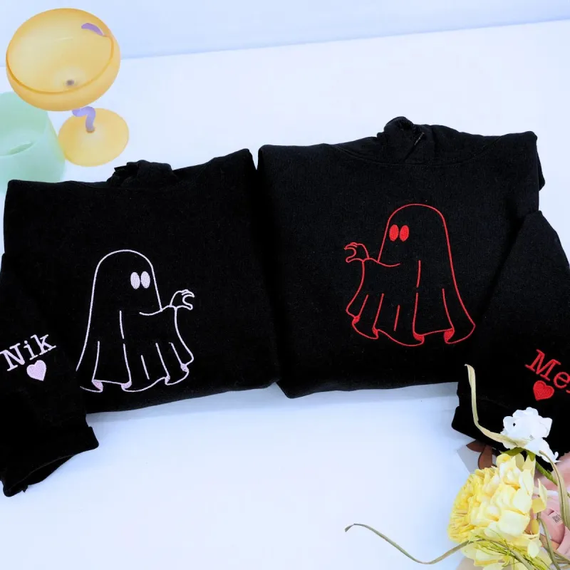 Personalized Ghost Heart Hands T-Shirt, Sweatshirt, Hoodie, Embroidered Couple Gift for Halloween sold by Embroly
