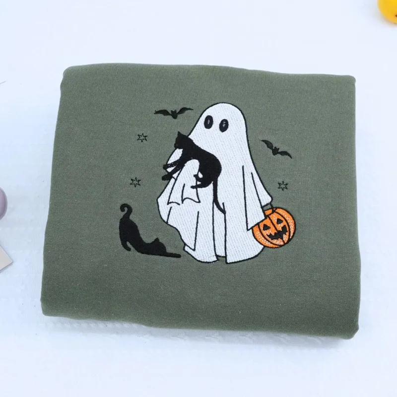 Ghost and Cat T-Shirt, Sweatshirt or Hoodie, Bats and Pumpkin, Embroidered Gift for Spooky Season made by Embroly