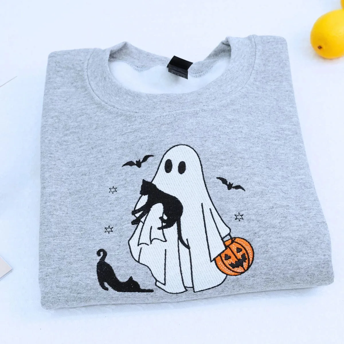 Ghost and Cat T-Shirt, Sweatshirt or Hoodie, Bats and Pumpkin, Embroidered Gift for Spooky Season sold by Embroly product image thumbnail 2