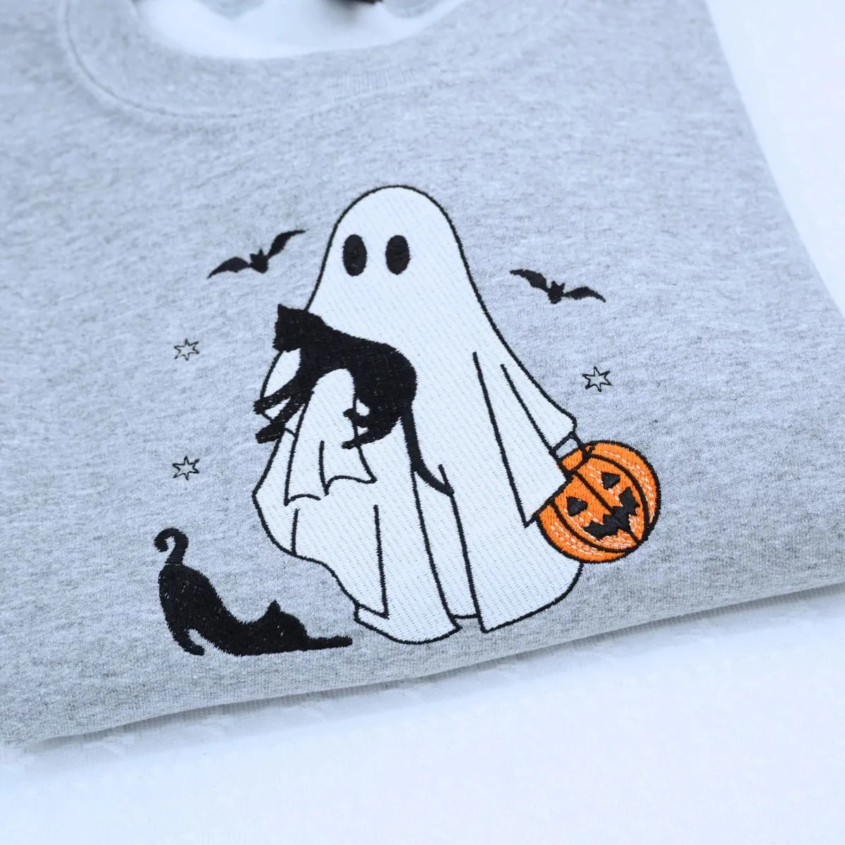 Ghost and Cat T-Shirt, Sweatshirt or Hoodie, Bats and Pumpkin, Embroidered Gift for Spooky Season sold by Embroly product image thumbnail 3