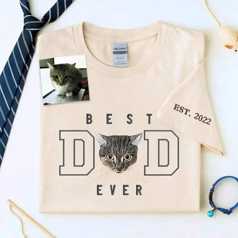 Personalized Cat Dad Shirt with Cat Portrait, Embroidered Gift for Proud Cat Dad made by Embroly
