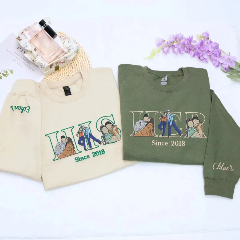 Custom Couple His and Her Portrait Shirt, Sweatshirt or Hoodie, Personalized Embroidered Gift for Him Her made by Embroly