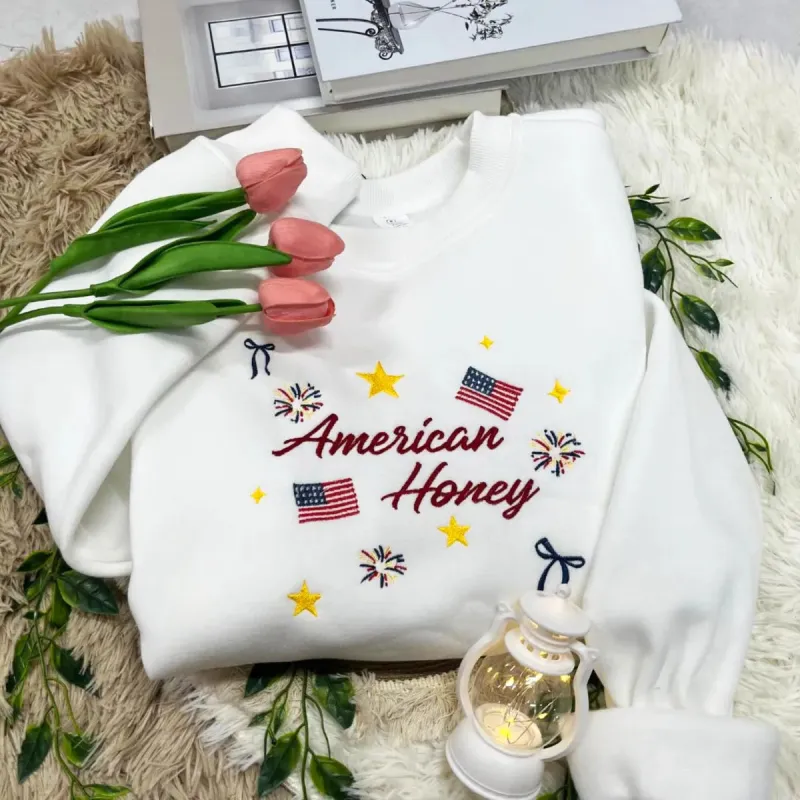 Embroidered American Honey Sweatshirt or Hoodie - 4th of July Patriotic Apparel sold by Embroly