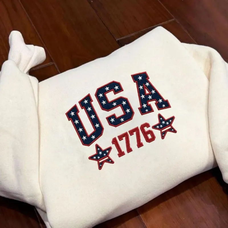 Embroidered Star-Filled USA 1776 Varsity Sweatshirt - 4th of July Patriotic Apparel sold by Embroly