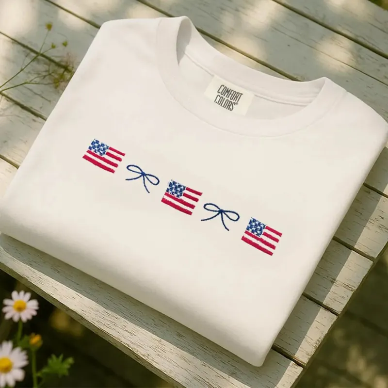 Embroidered American Flag & Bow Sweatshirt or T-Shirt – 4th of July Patriotic Apparel sold by Embroly