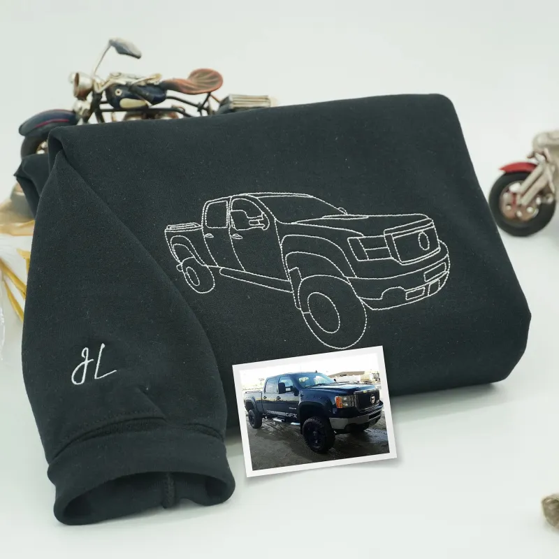 Father’s Day Custom Car Outline Photo Embroidered Hoodie or Sweatshirt – Personalized Gift for Dad and Grandpa sold by Embroly