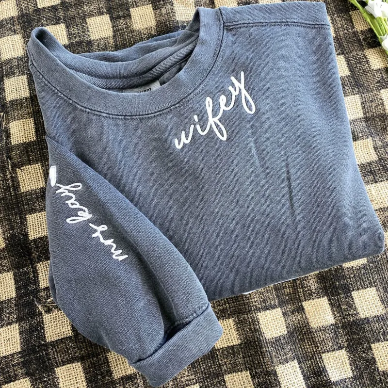 Personalized Gift for Wife with Wifey Neckline Embroidered Sweatshirt or Hoodies made by Embroly
