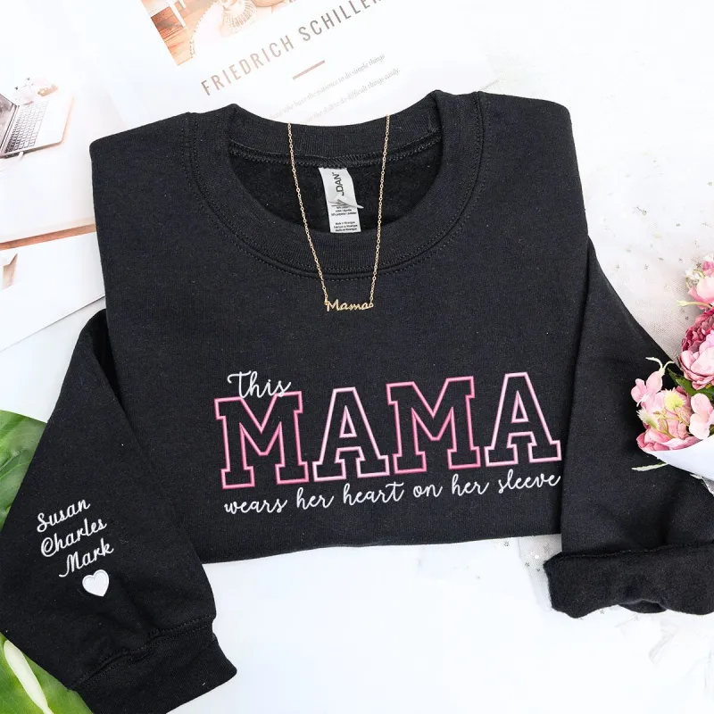 Custom Mother's Day Gift With Embroidered This Mama Wears Her Heart on Her Sleeve Sweatshirt or Hoodie sold by Embroly